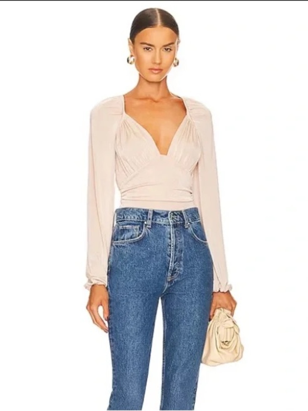 Free People Beige Bodysuit Top Size Large V-Neck Fitted Long Sleeve